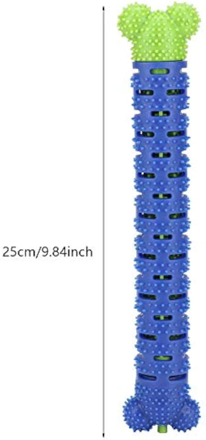 Blue and green silicone dog dental chew toy with textured brush head for teeth cleaning.