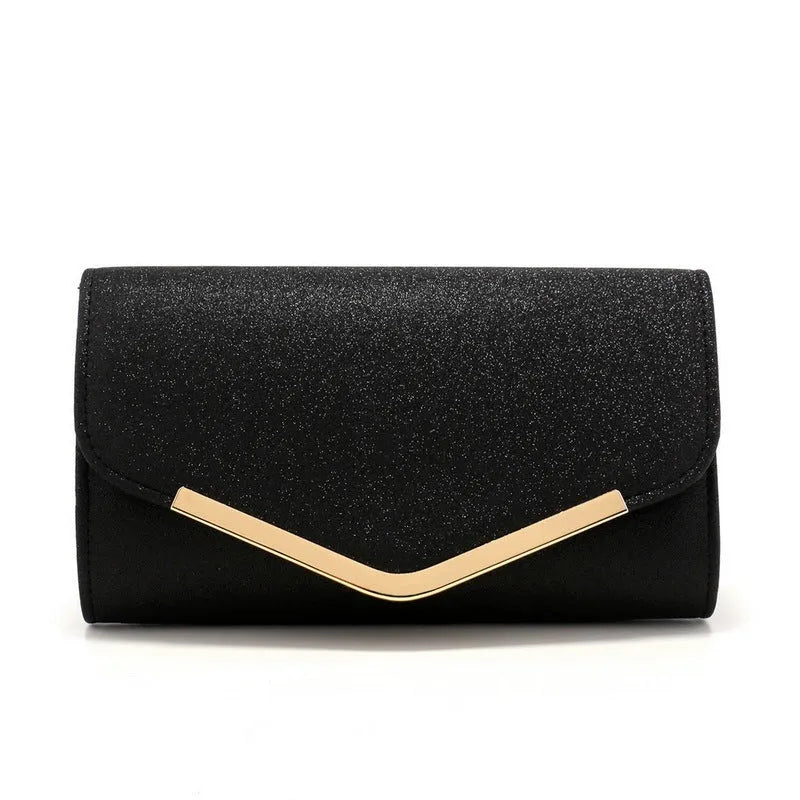Frosted sequin light luxury dinner bag with metal decoration in black, horizontal square shape