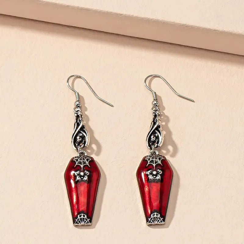 Red bat and spider retro drop earrings on alloy metal for Halloween