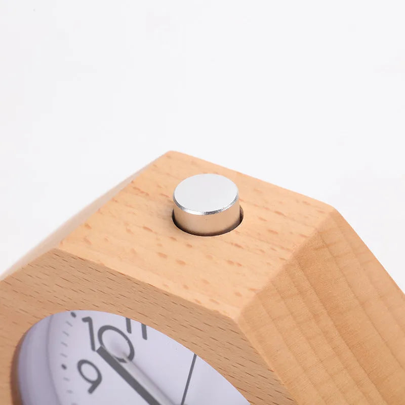 Nordic beech wood hexagonal luminous alarm clock with white face and wood shell