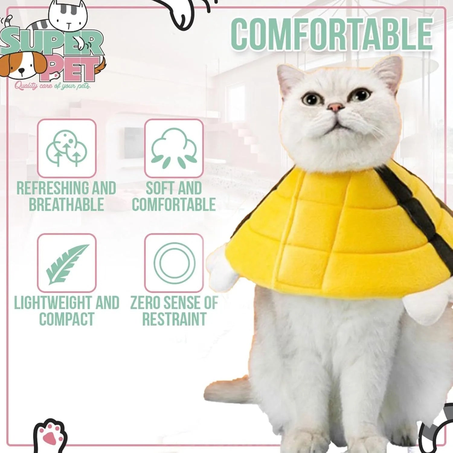 Soft cat cone collar with bee design showing Velcro closure and fabric construction
