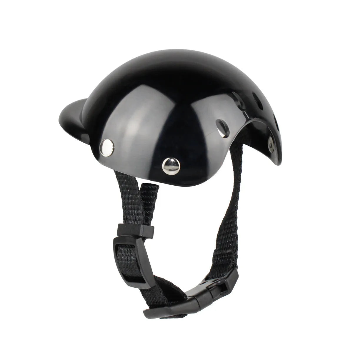Black pet motorcycle helmet for dog or cat with adjustable strap on a bicycle