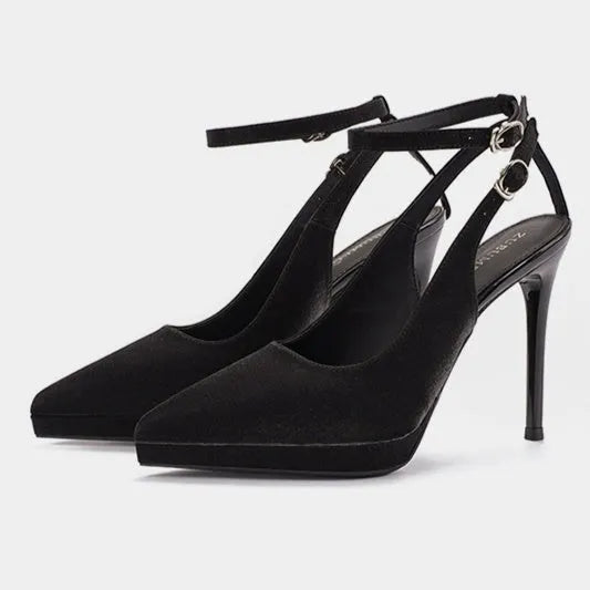 Black waterproof platform stiletto heels with pointed toe, satin or suede finish, rubber sole, 8-12cm heel