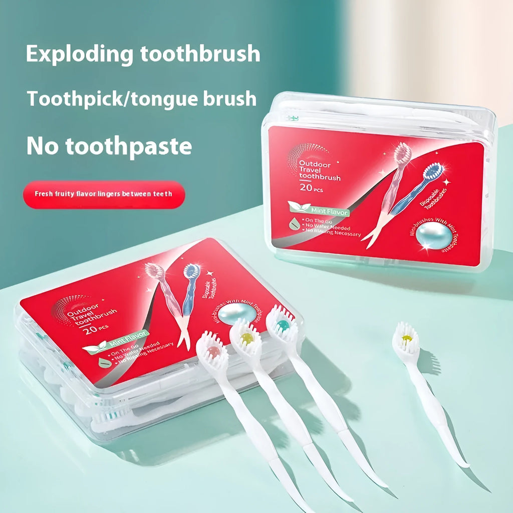 Box of 20 individually wrapped disposable bead toothbrushes in mint flavour.