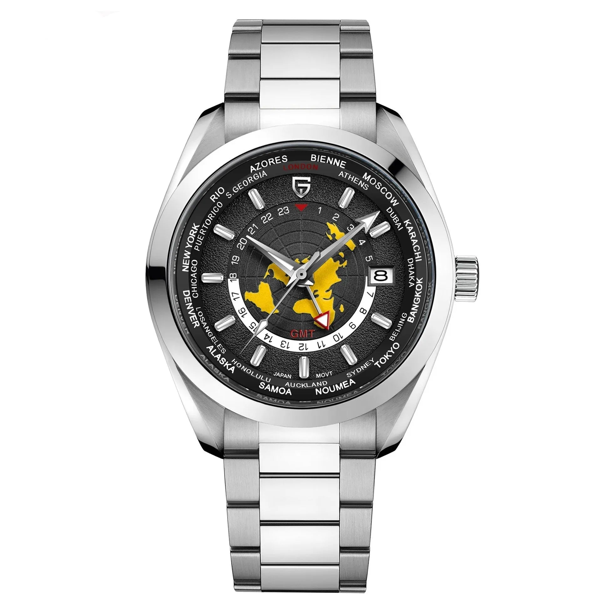 Men's mechanical GMT dual time zone watch with 40mm dial, sapphire crystal glass, and stainless steel buckle, blue dial