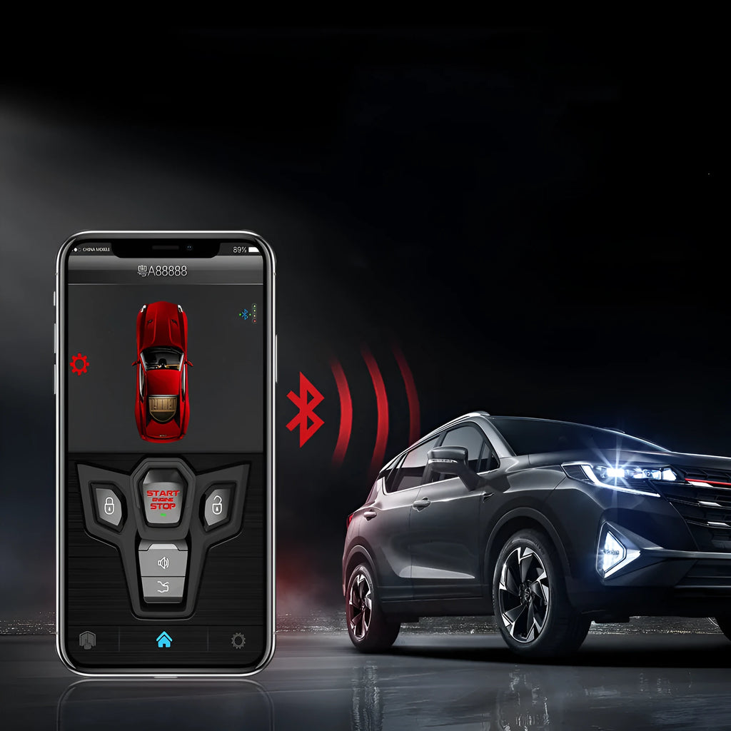 Red and black one-way remote control car alarm unit with two remotes for vehicle security.