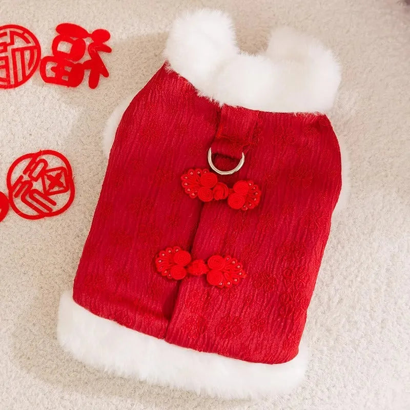 Red Chinese-style cotton dog coat for small dogs, thick material, plush lining, sizes XS-XXL