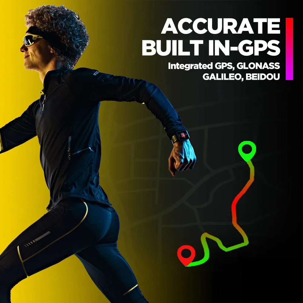 Black GPS sports smartwatch for Android with 1.78-inch screen and rubber strap