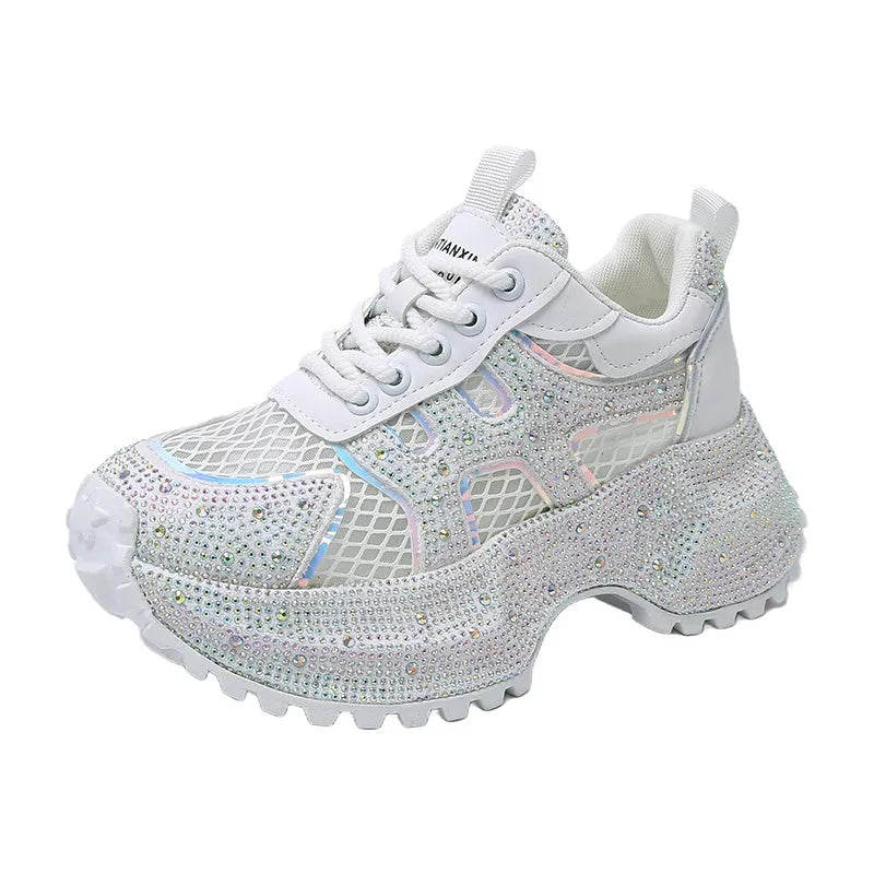 TIANXIU light yellow women's chunky platform sneakers with glitter rhinestone accent and green trim on thick white sole