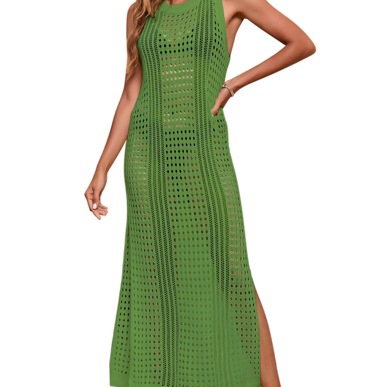 Long loose solid colour beach cover-up blouse with hollow-out knitted design on a hanger.