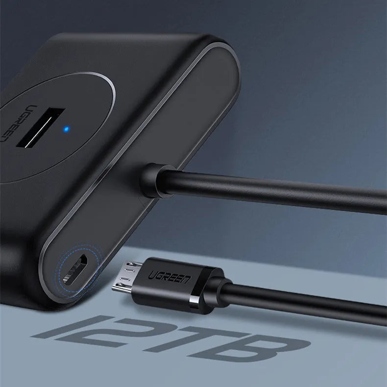 Deep black USB one-to-four splitter with GL3510 chip, ABS shell and Micro USB power port, 25cm to 200cm