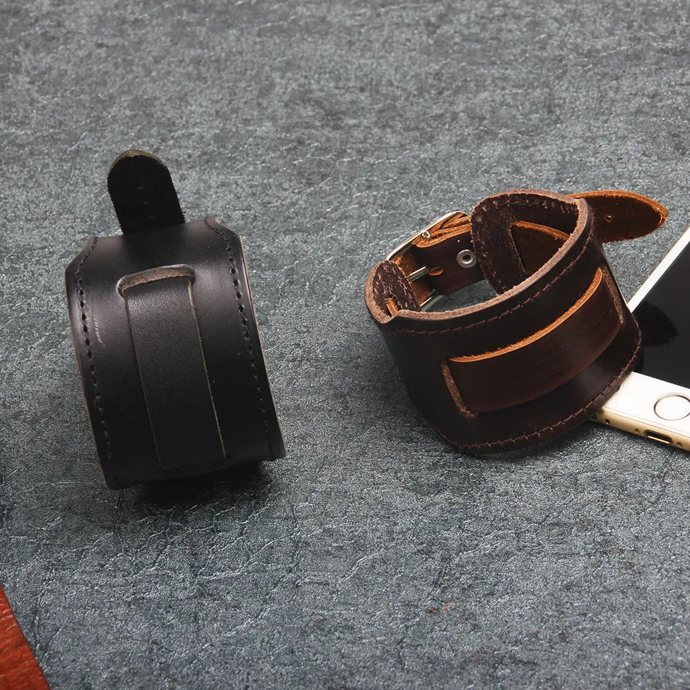 Simple wide cowhide leather bracelet in black and brown, geometry shape, unisex accessory