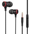Wired in-ear gaming headset with 3.5mm plug, silicone ear tips, and built-in microphone, shown with storage box