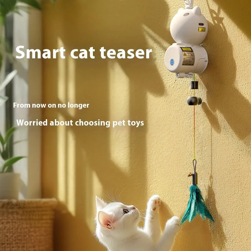 White plastic hanging retractable cat toy with feather lure and USB cable on hook