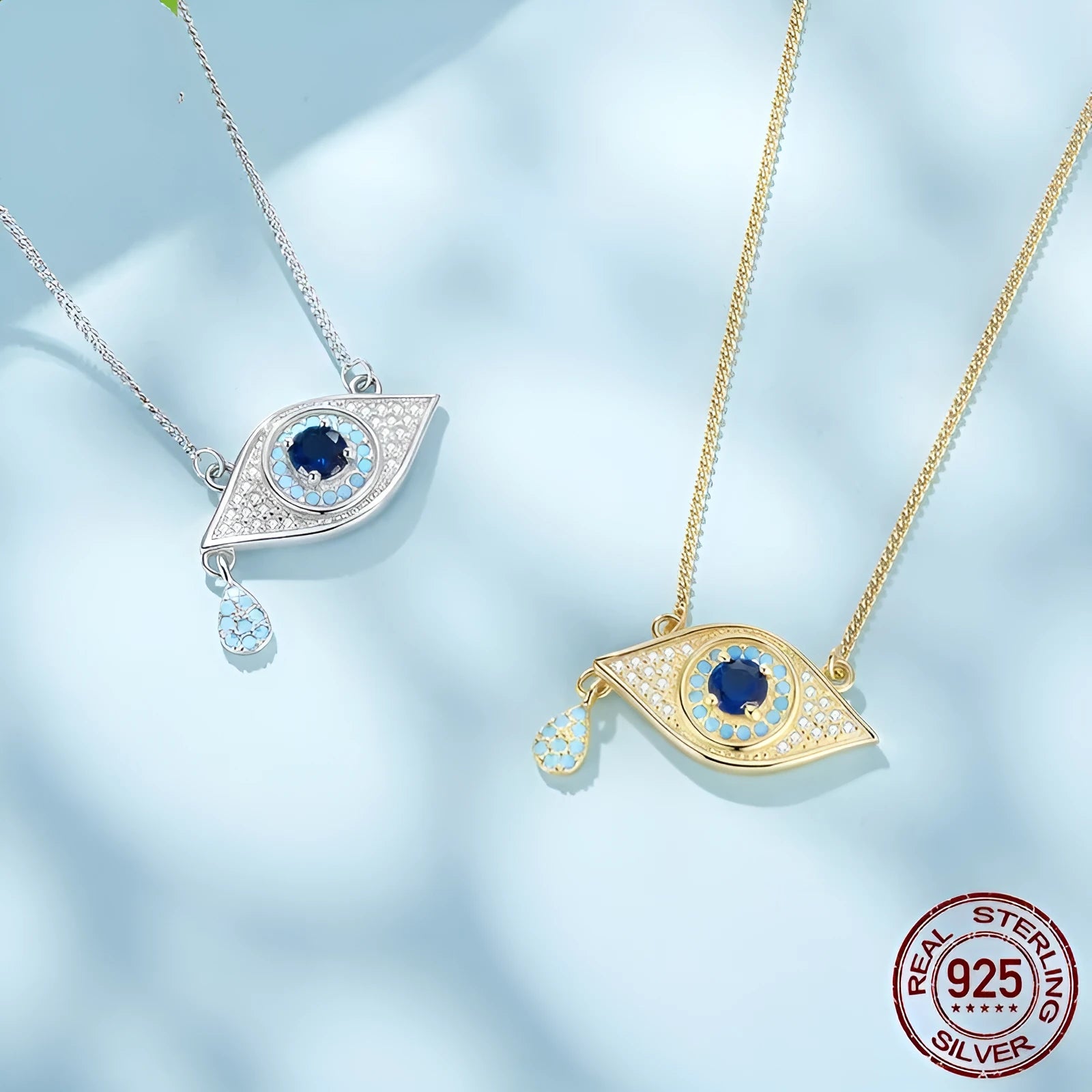 925 sterling silver devil's eye necklace in gold and silver electroplated finish with adjustable chain