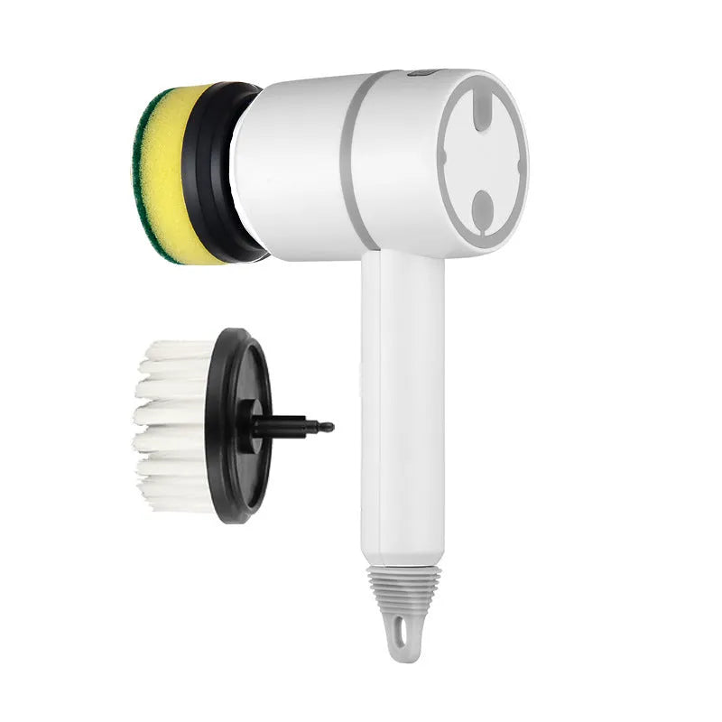 USB rechargeable electric cleaning brush with multiple brush heads on a pink plastic handle.