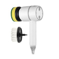 USB rechargeable electric cleaning brush with multiple brush heads on a pink plastic handle.