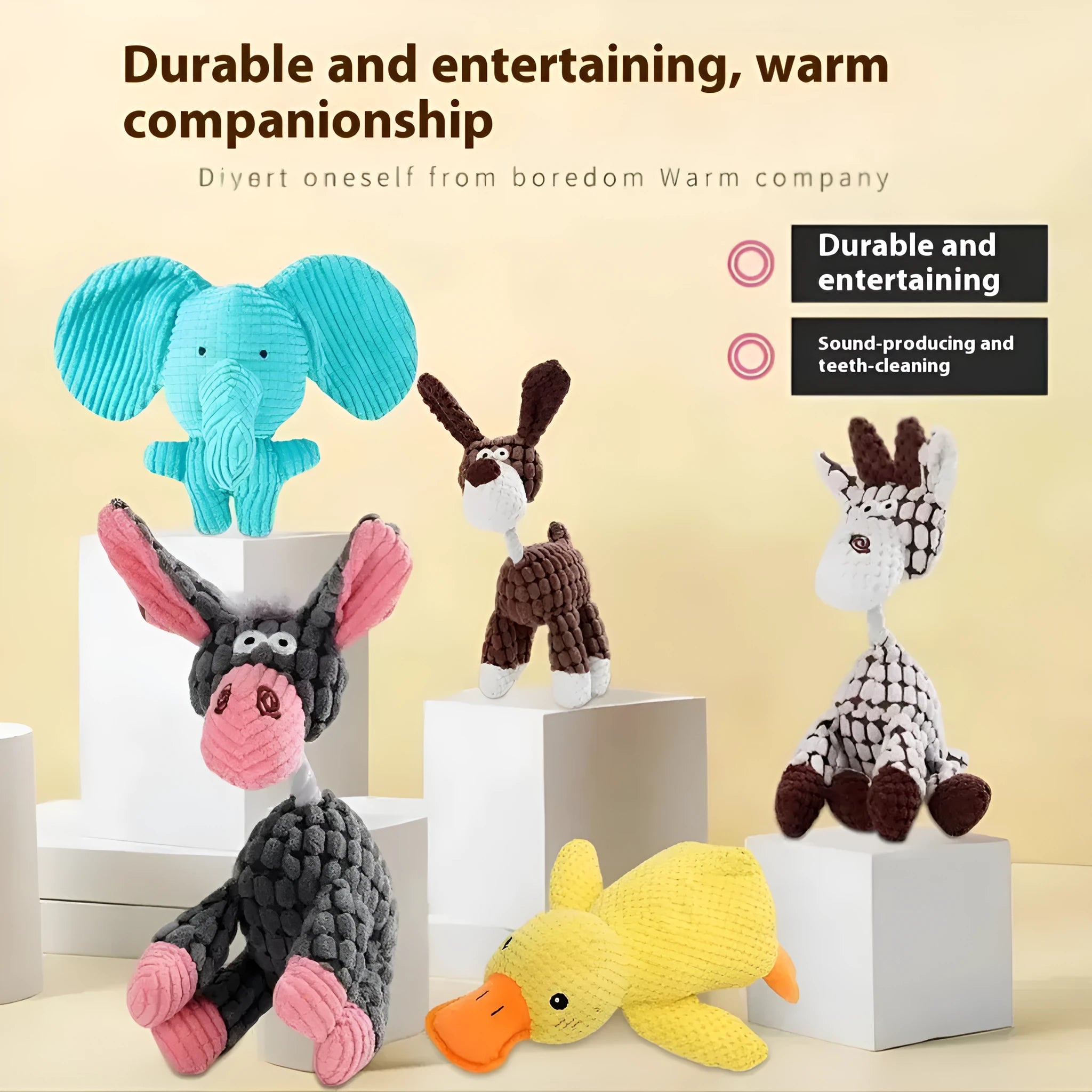 Plush pet chew toy for puppies in a selection of character styles including donkey, duck, and elephant.