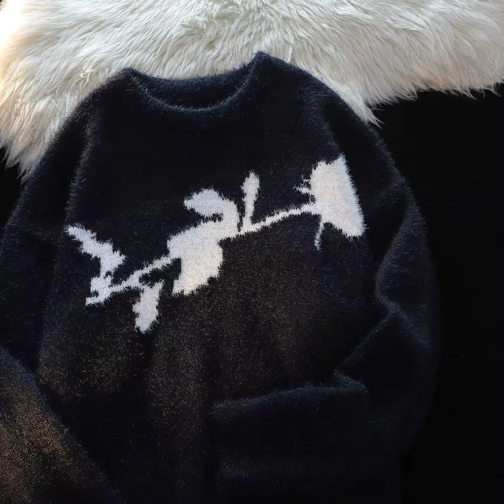 Men's black sweater with textured flocking horse design on front, long sleeve pullover style