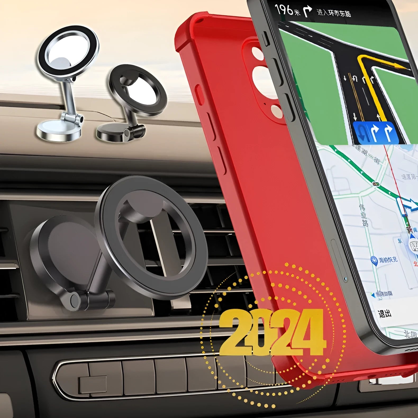 All-metal magnetic car phone mount in Qian colour on a car dashboard.