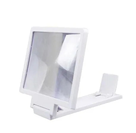 Black and white adjustable magnifying mobile phone stand on a table.