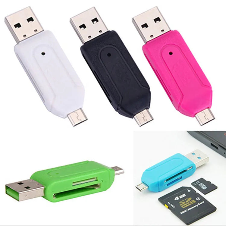 OTG dual-purpose card reader for SD and TF memory cards with USB and micro USB connectors