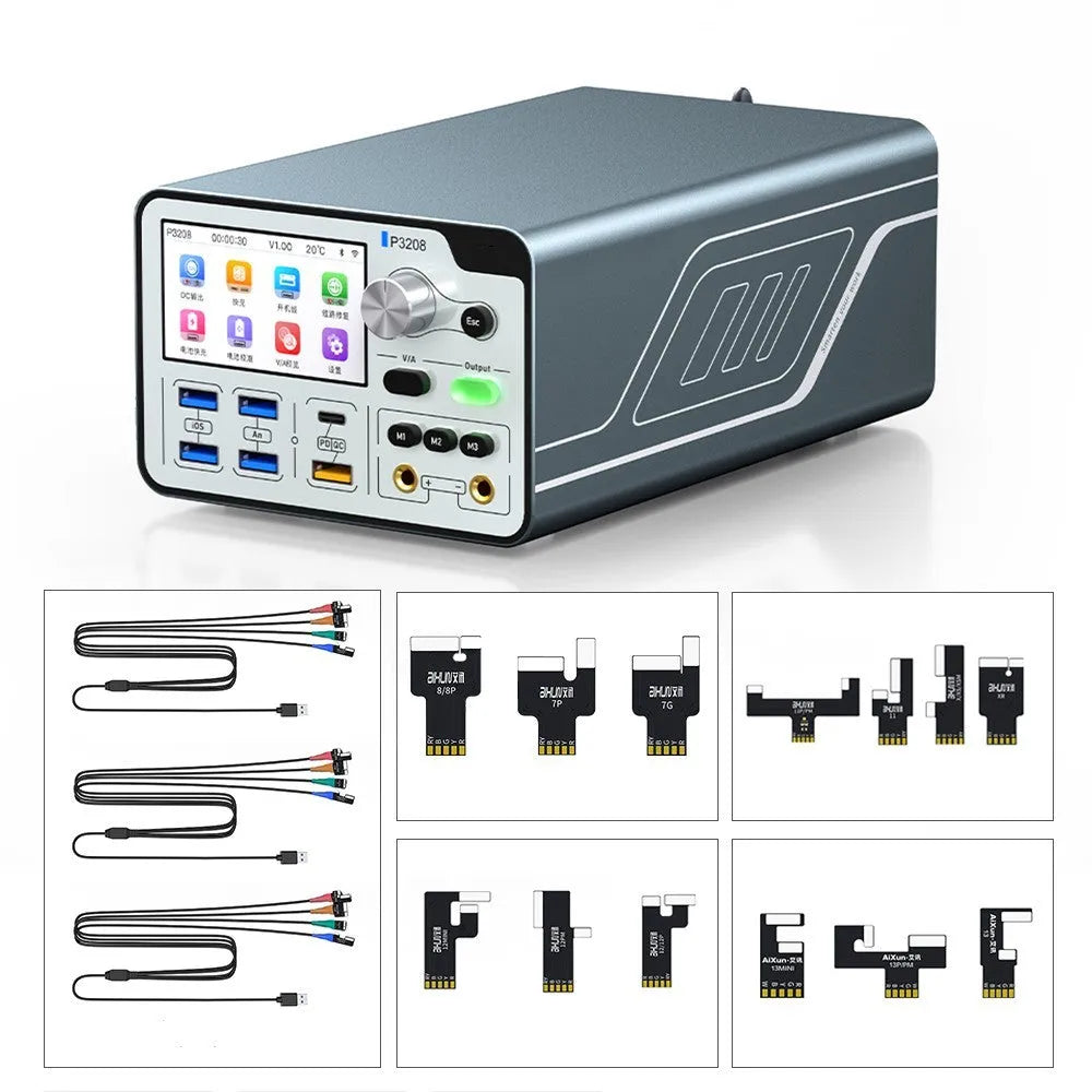 320W smart voltage regulator power meter on a workbench with display showing readings, alongside alligator clips and test leads.