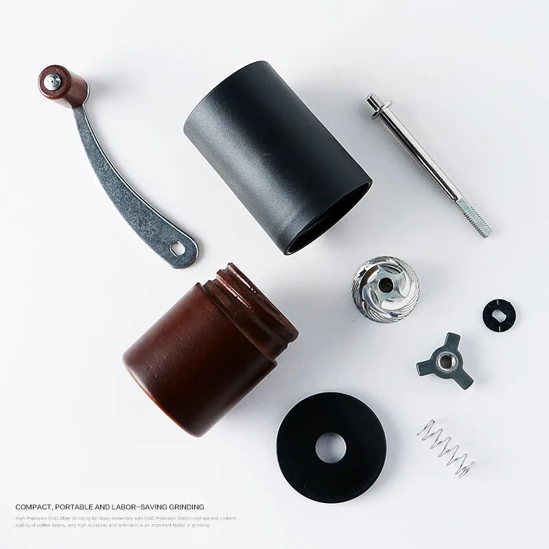 Hand-cranked grinder model YA1467 in black and black walnut wood grain finish, 49mm diameter, 150cm height