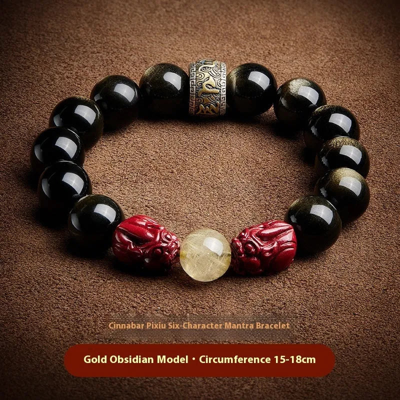 Carved cinnabar beads bracelet with Jinniu bull zodiac design in gold or silver finish