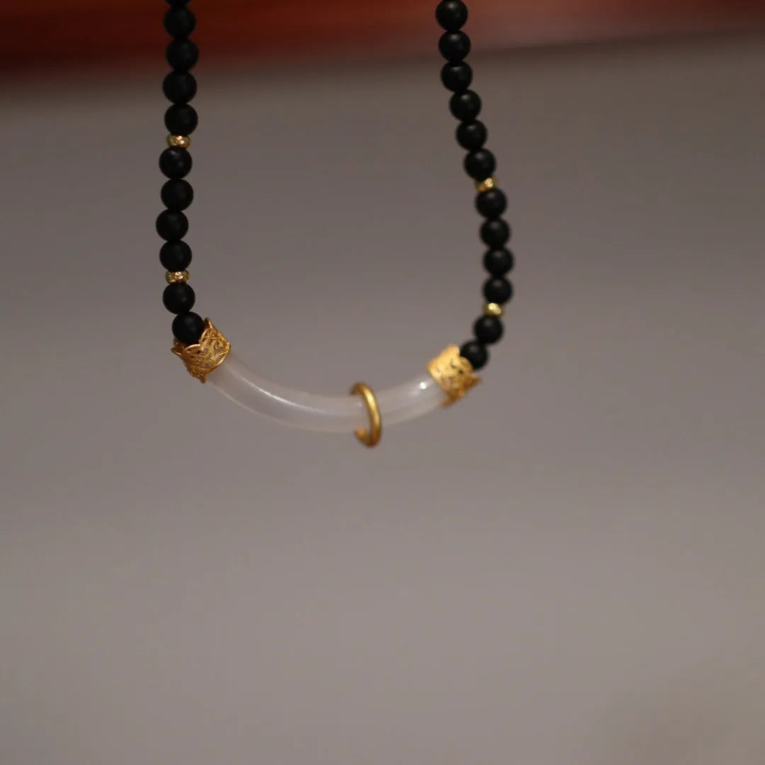 Matte black agate and white chalcedony necklace with 925 silver pendant in Chinese U-shaped design