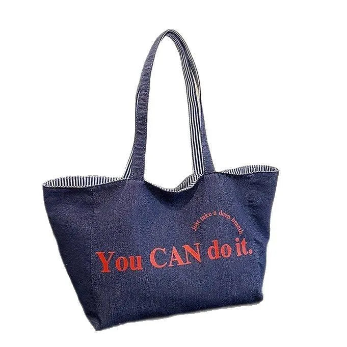 Large capacity double-sided striped canvas tote bag in striped blue, soft horizontal square shape