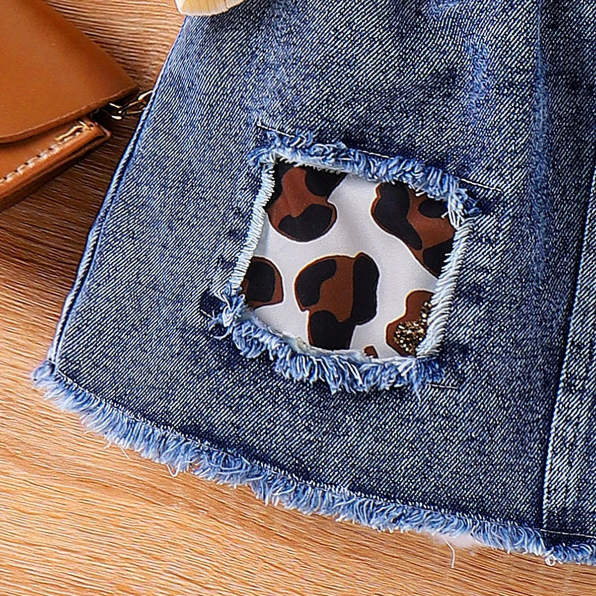 Girls' three-piece skirt suit in apricot with sunken stripe letter jacket and leopard patch denim skirt, sizes 4Y-7Y.