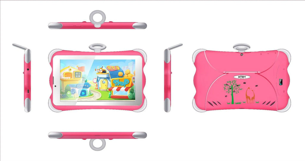 Cartoon green children's 7-inch learning tablet displayed on its included stand