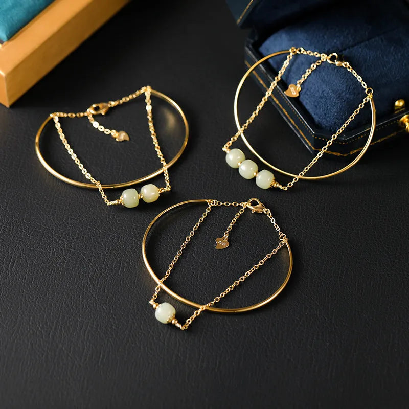 Hetian jade lucky beads bracelet with gold inlay treatment in single, double, or three beads version