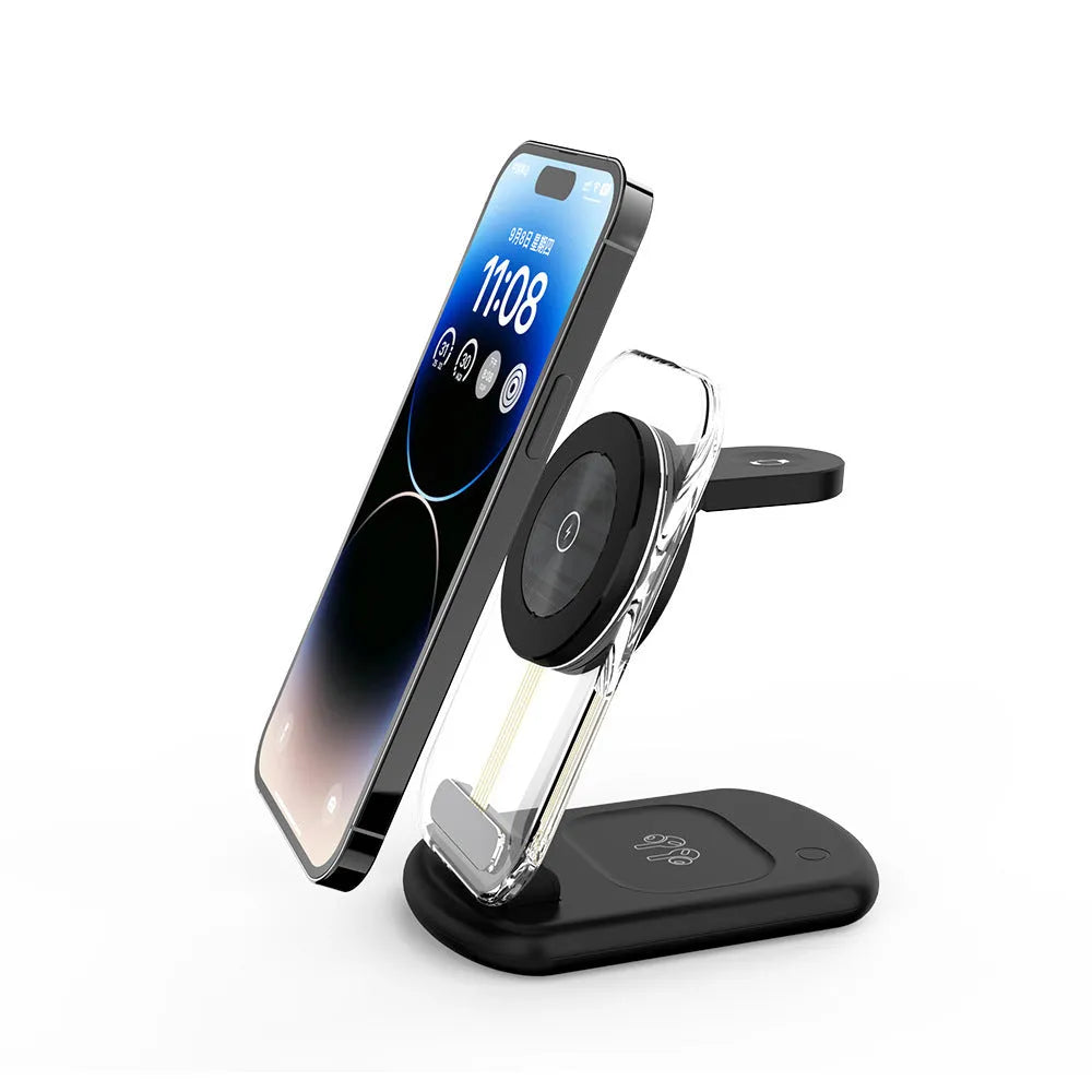 Transparent folding 3-in-1 wireless charger with phone, watch, and earbuds charging simultaneously, showing internal coils.