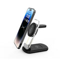 Transparent folding 3-in-1 wireless charger with phone, watch, and earbuds charging simultaneously, showing internal coils.