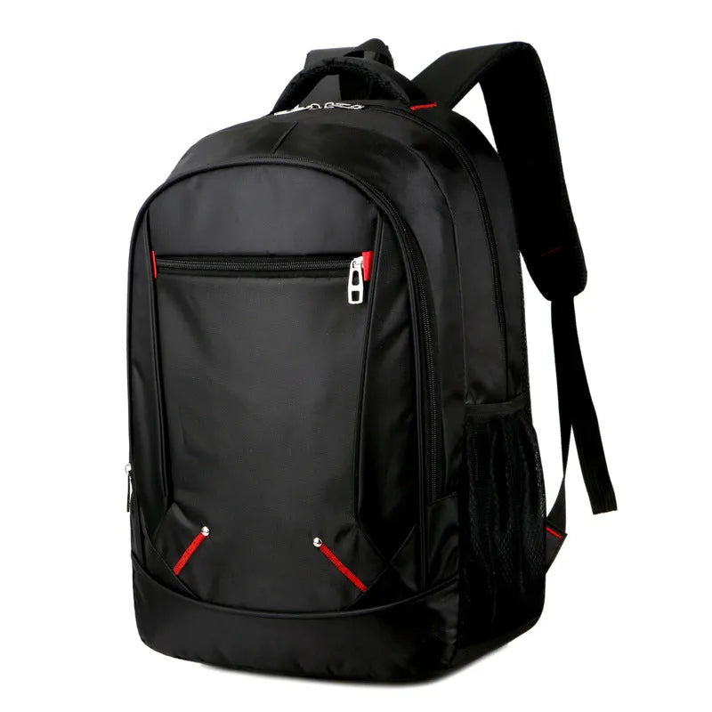 Black Oxford cloth laptop backpack 15 inch with computer slot, camera slot, ID bag and dimensions 31cm x 47cm x 16cm