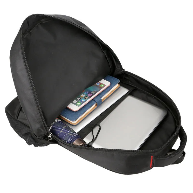 Black Oxford cloth laptop backpack 15 inch with computer slot, camera slot, ID bag and dimensions 31cm x 47cm x 16cm