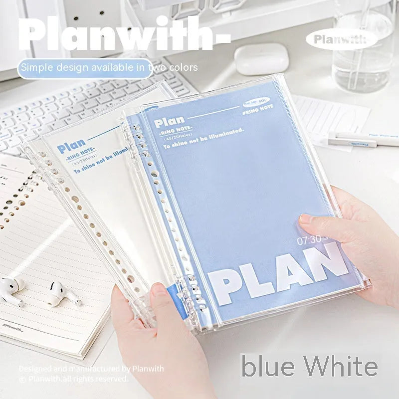 A5 PVC notebook cover for spiral notebooks in white or blue colour options