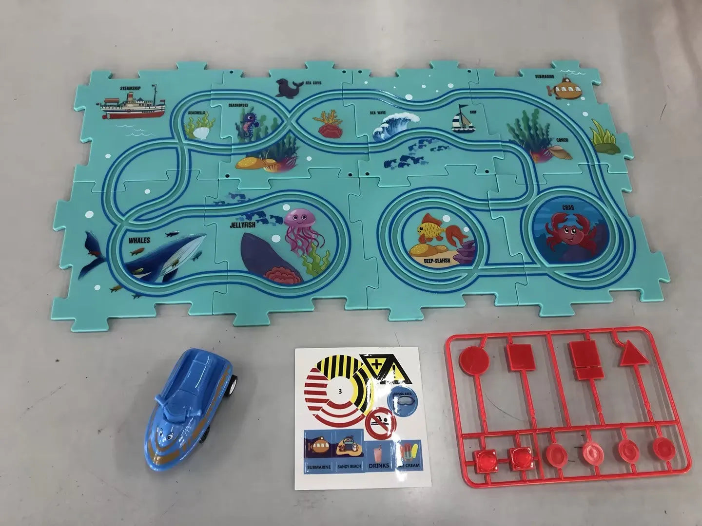 Children puzzle electric railroad speeder with DIY assembly track and automatic car, dinosaur theme