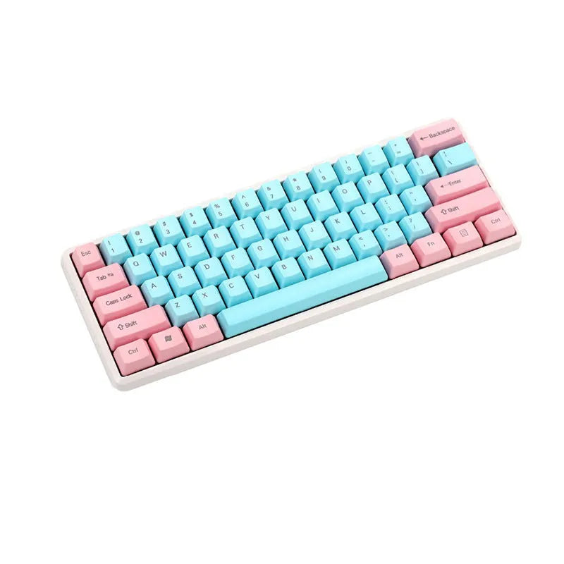 Pink PBT mechanical keyboard keycaps with side-engraved legends showing 1.5mm thickness