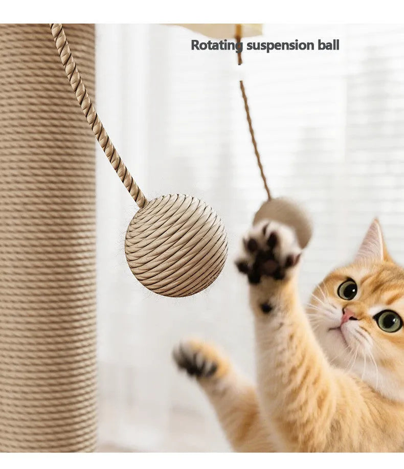 Windmill-shaped cat climbing frame with a hanging ball toy and carpet leather perches on a pine wood structure.