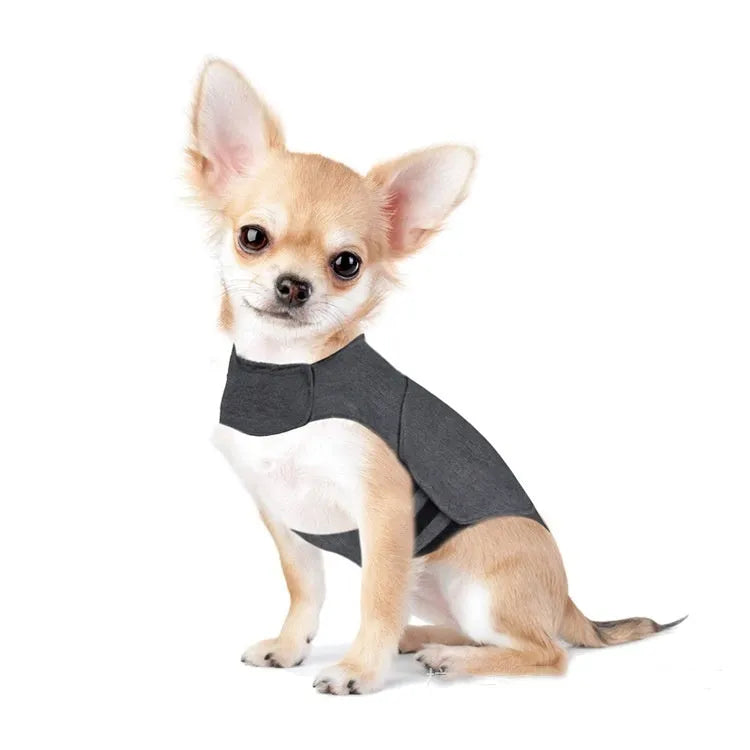 Heather gray dog anxiety jacket vest on a mannequin, showing its close-fitting design.