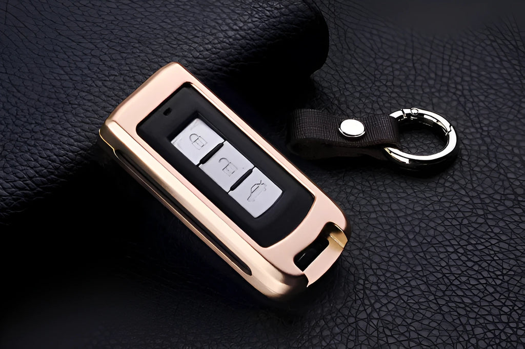 Aluminium alloy key shell sleeve buckle cover for car key protection in silver with cowhide leather accent