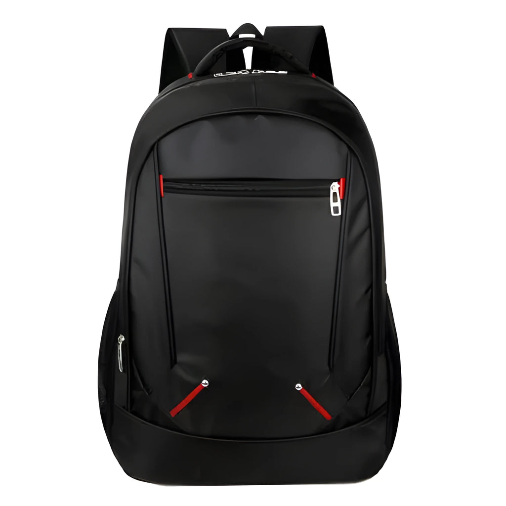 Black Oxford cloth laptop backpack 15 inch with computer slot, camera slot, ID bag and dimensions 31cm x 47cm x 16cm