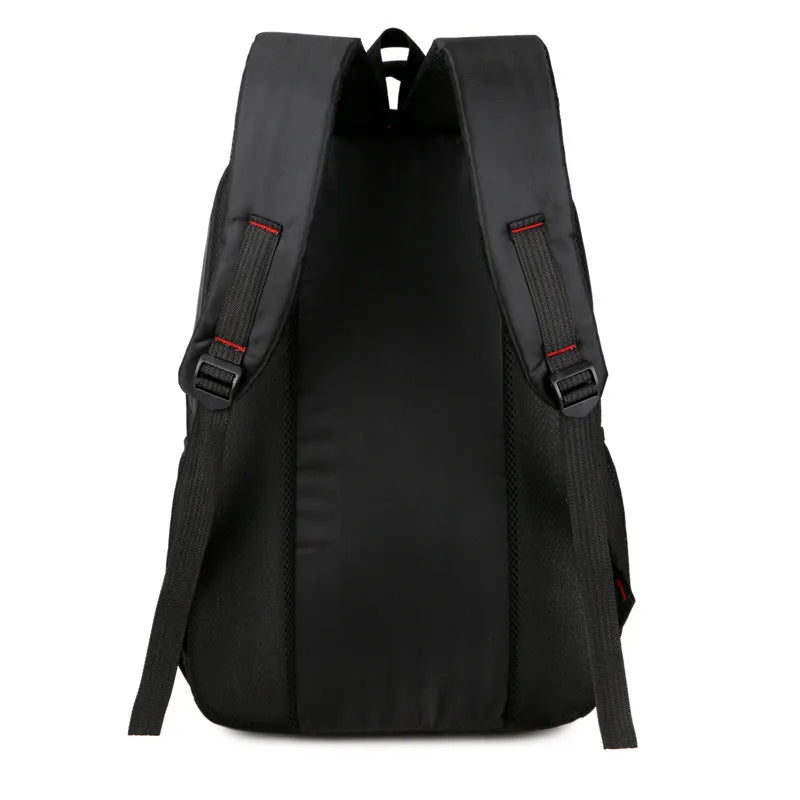 Black Oxford cloth laptop backpack 15 inch with computer slot, camera slot, ID bag and dimensions 31cm x 47cm x 16cm