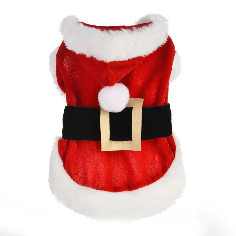 Red dog Christmas costume with faux fur trim shown on a dog, available in sizes XS to L with measured back lengths.