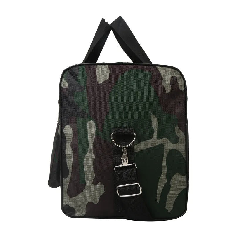 Camouflage coloured waterproof luggage bag with striped polyester lining.