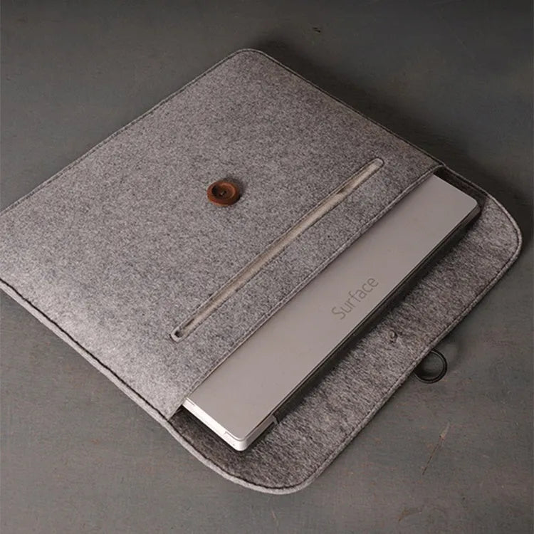 Orange felt laptop bag compatible with MacBook and tablet computers, open to show padded interior