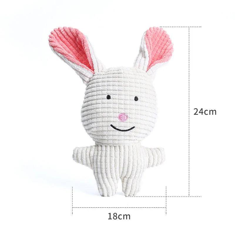 Animal shaped plush squeaky dog chew toy in assorted colours including blue, brown, and cow print.
